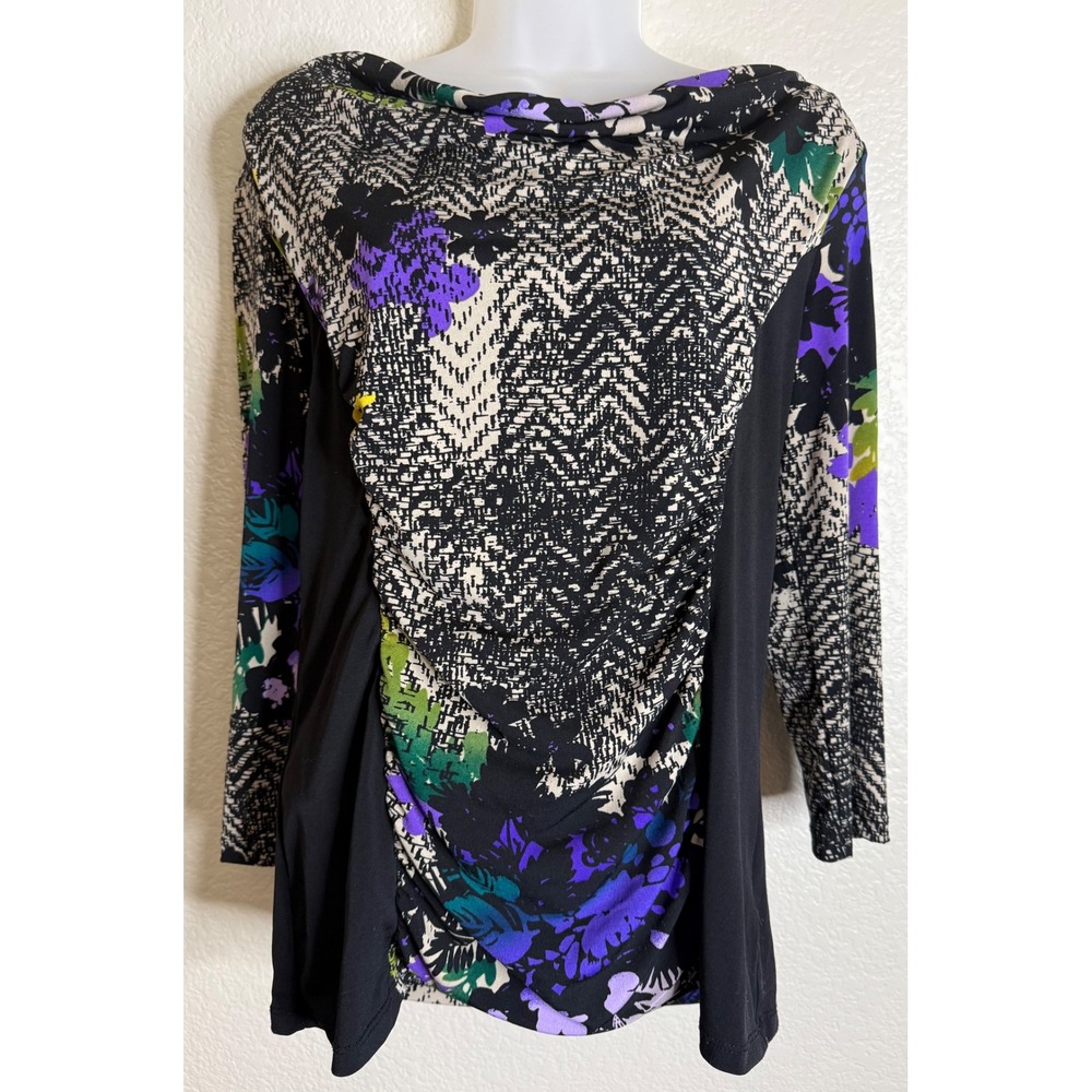 Dana Buchman Womens Small Dark Floral Blouse Top 3/4 Sleeve Boho Office Preppy